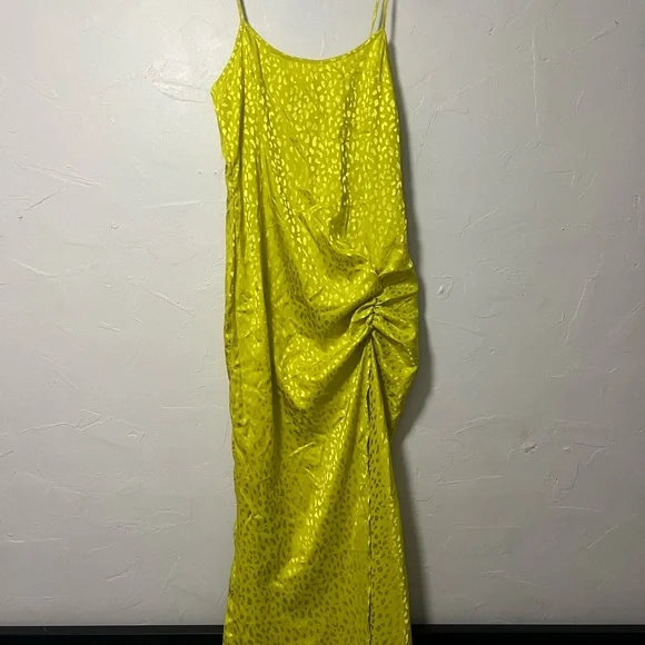 Neon Green Satin Midi Dress Leopard Print - Picture 2 of 5